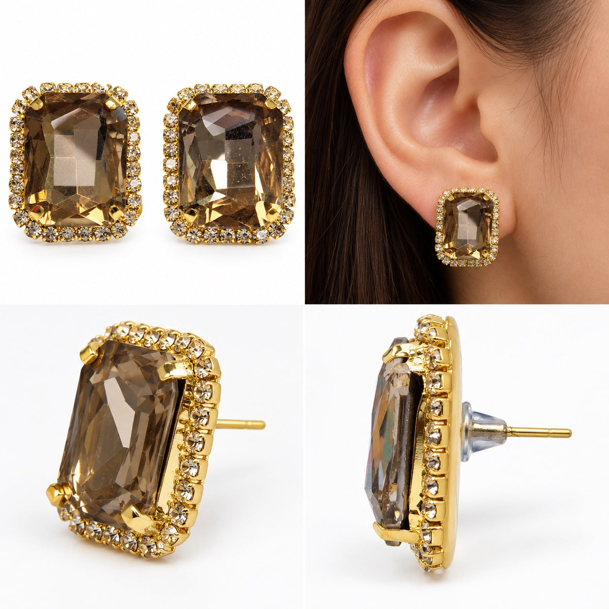 Model wearing Regal Champagne Halo Studs gold-tone halo stud earrings