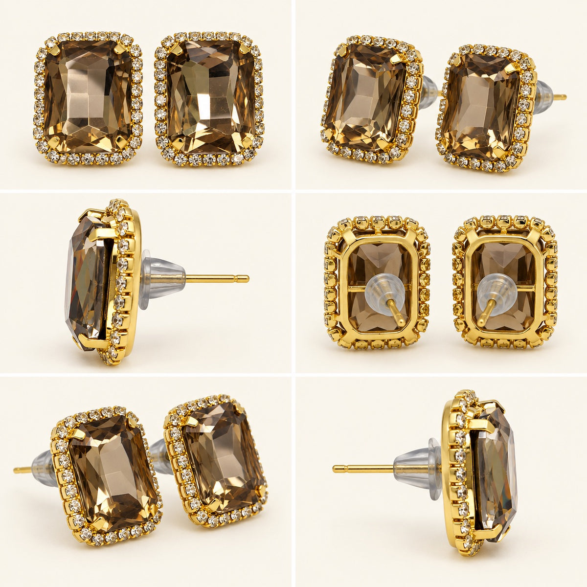 Multi-angle 360 view of Regal Champagne Halo Studs gold-tone halo stud earrings