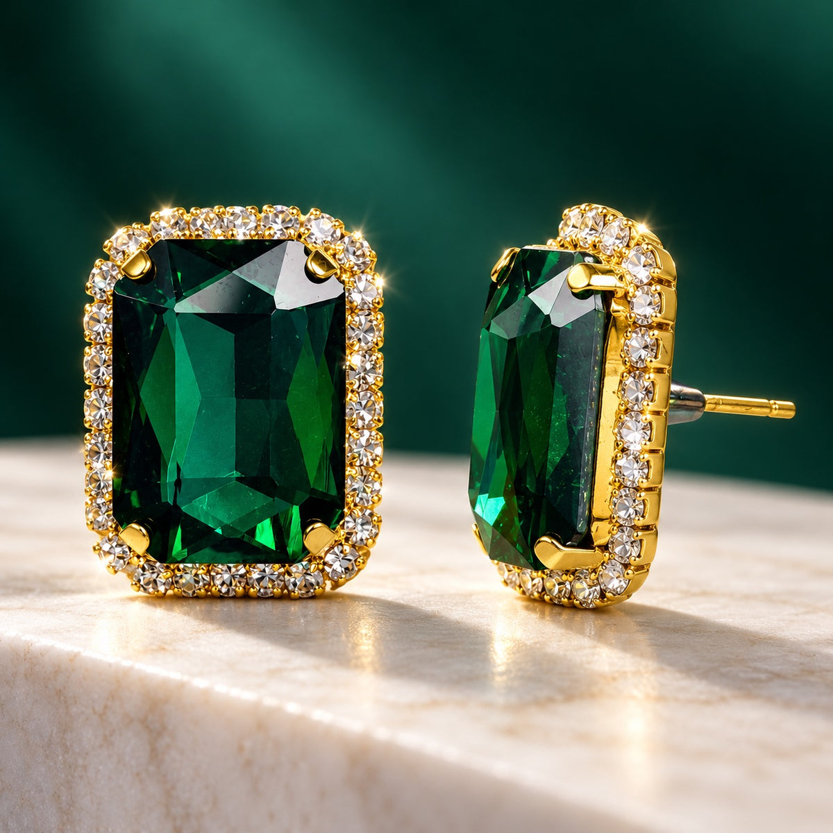 Regal Emerald Green Halo Studs gold-tone halo stud earrings with emerald green emerald-cut stone