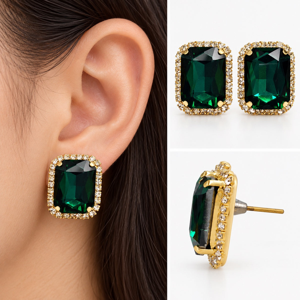Model wearing Regal Emerald Green Halo Studs gold-tone halo stud earrings