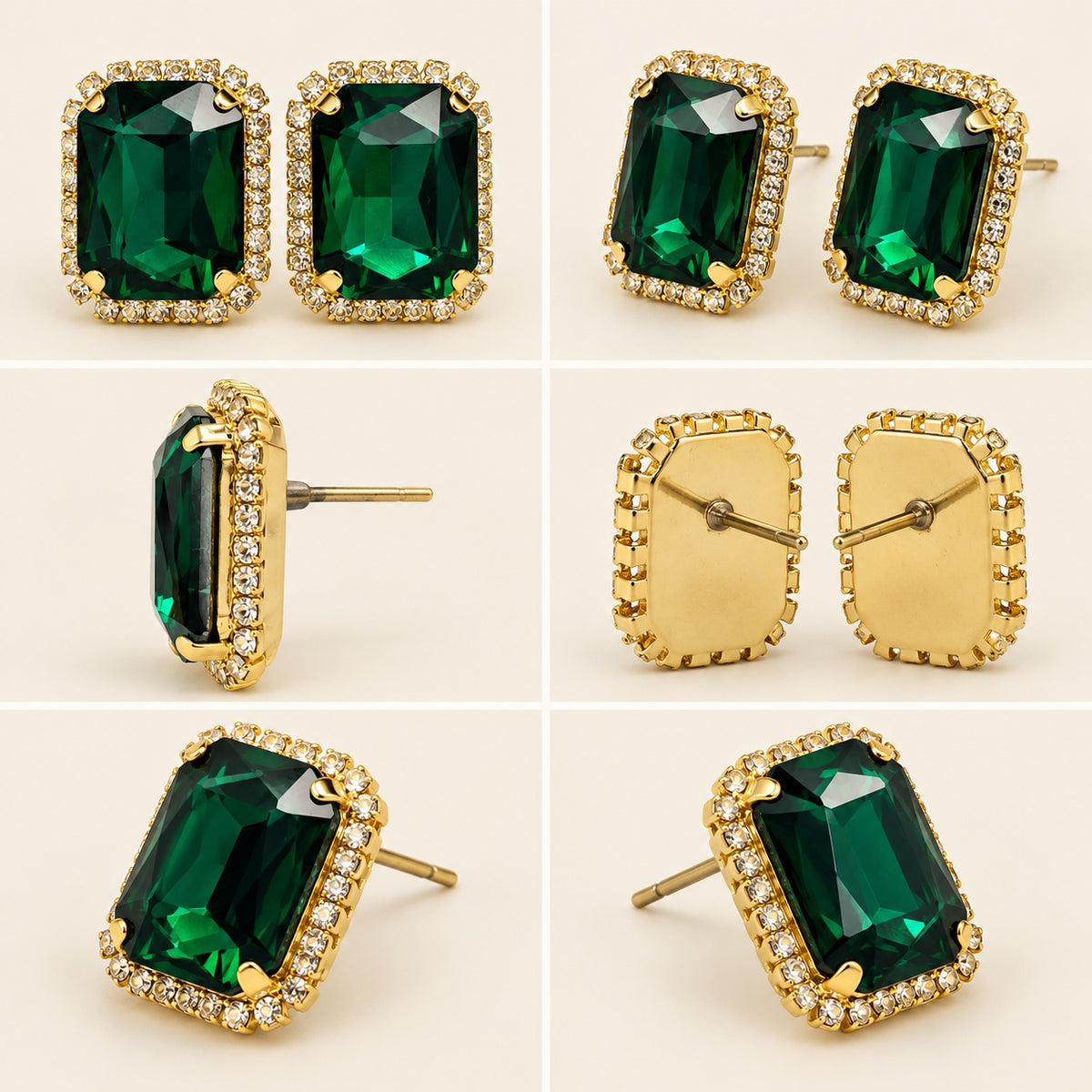 Multi-angle 360 view of Regal Emerald Green Halo Studs gold-tone halo stud earrings