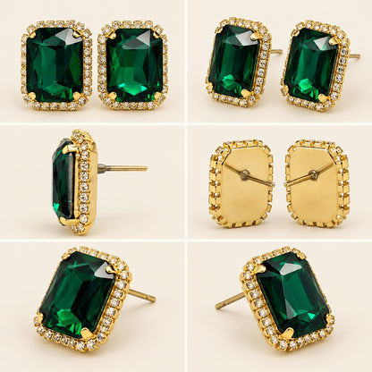 Multi-angle 360 view of Regal Emerald Green Halo Studs gold-tone halo stud earrings
