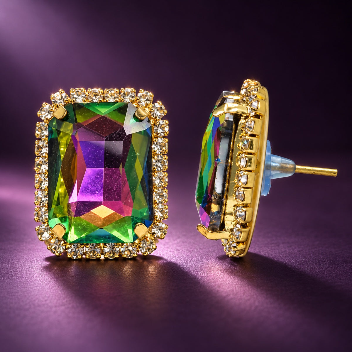 Regal Mystic Rainbow Halo Studs gold-tone halo stud earrings with mystic rainbow emerald-cut stone