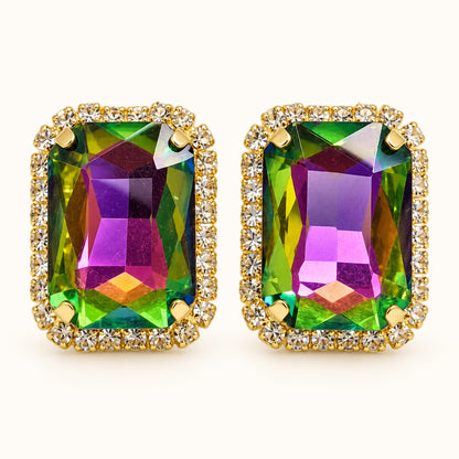 Front view of Regal Mystic Rainbow Halo Studs showing the crystal halo and mystic rainbow centre stone