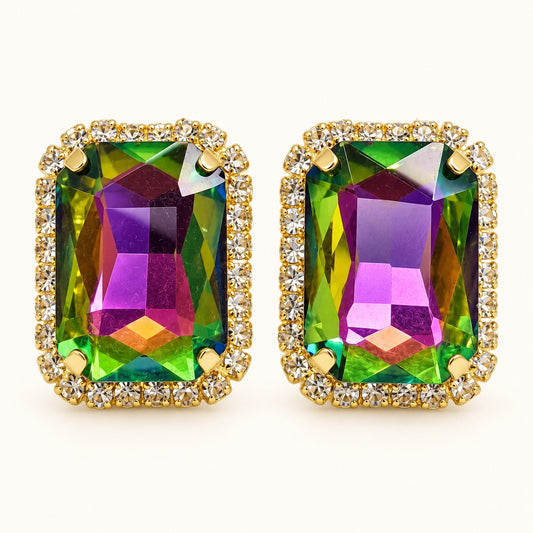 Front view of Regal Mystic Rainbow Halo Studs showing the crystal halo and mystic rainbow centre stone