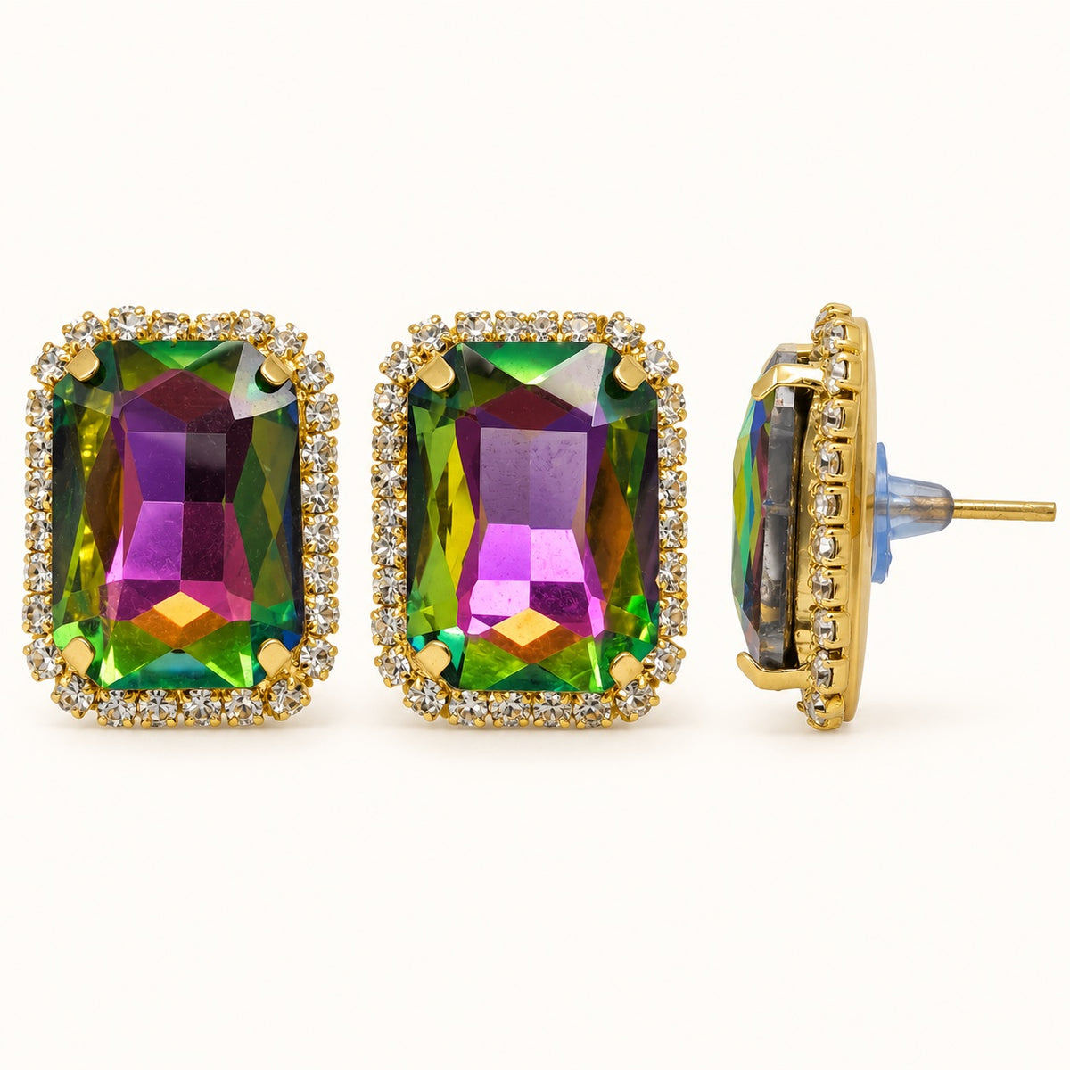 Side view of Regal Mystic Rainbow Halo Studs showing the claw setting and push-back post