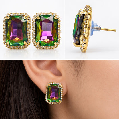 Model wearing Regal Mystic Rainbow Halo Studs gold-tone halo stud earrings