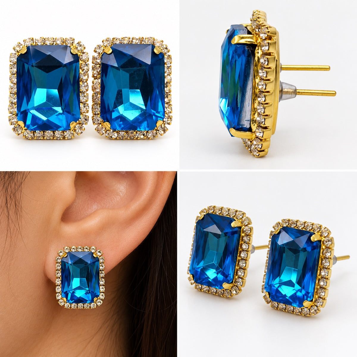 Model wearing Regal Ocean Blue Halo Studs gold-tone halo stud earrings