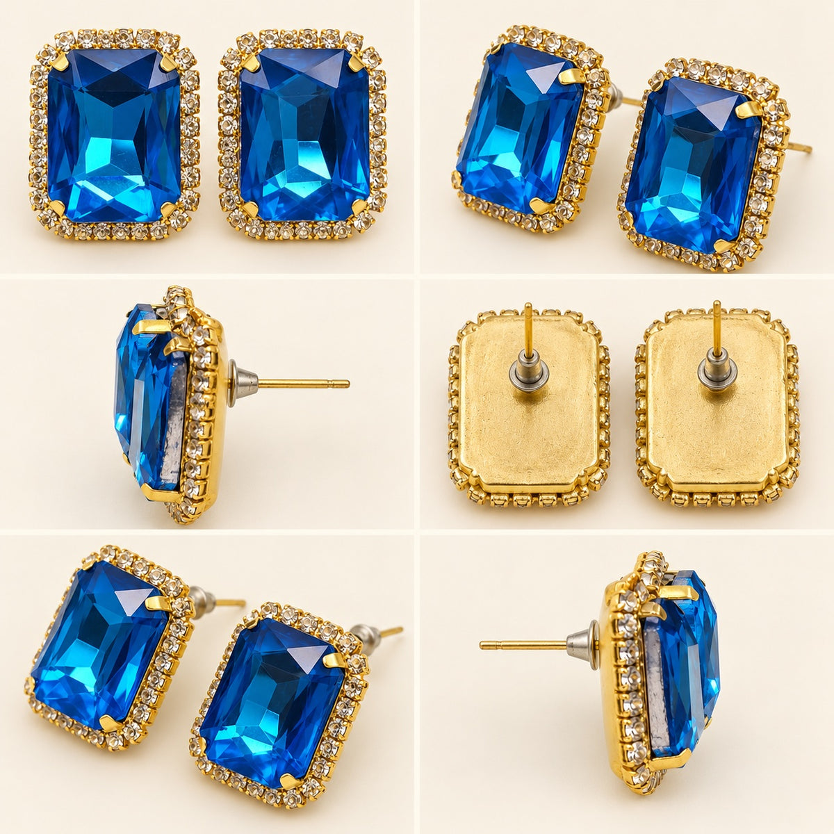 Multi-angle 360 view of Regal Ocean Blue Halo Studs gold-tone halo stud earrings