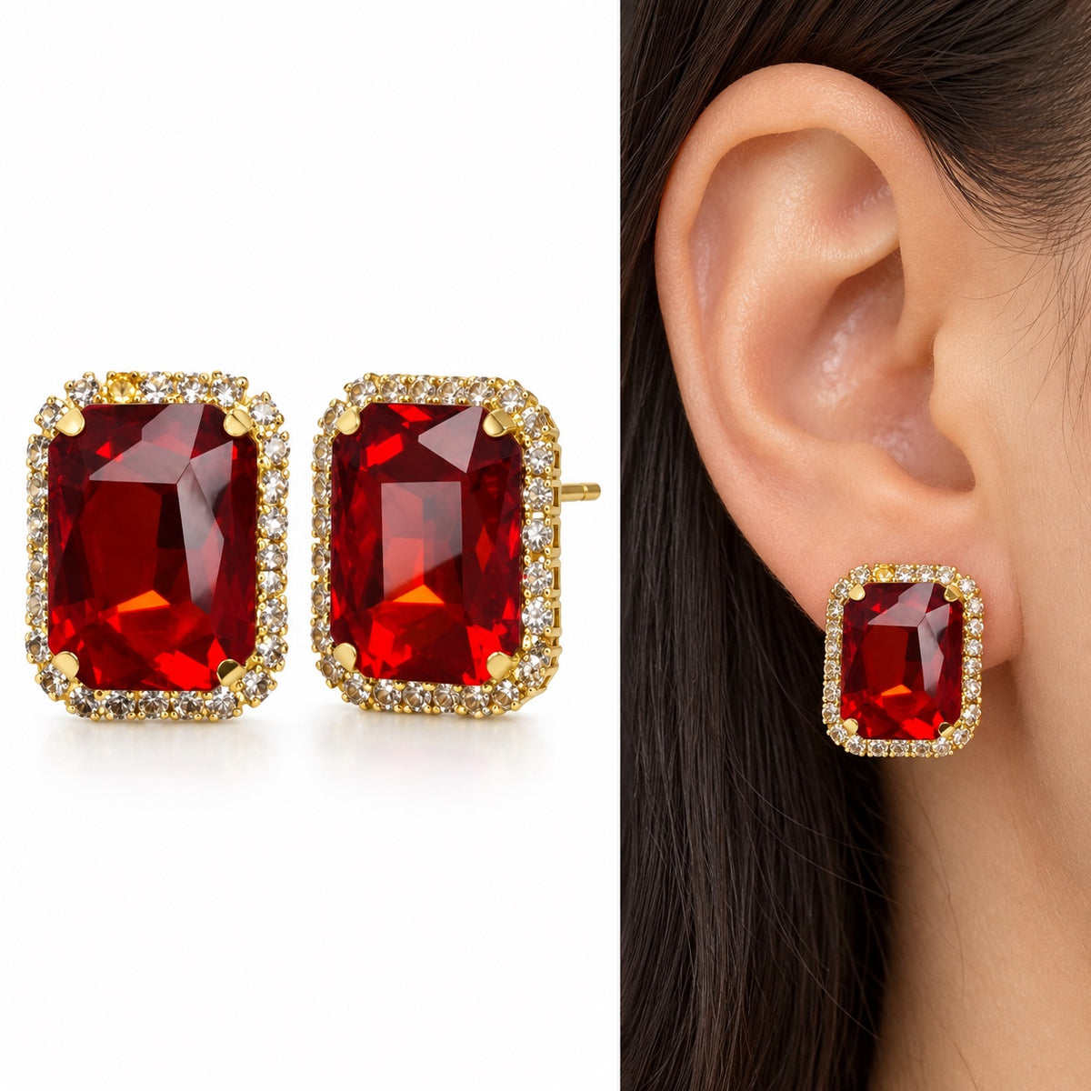 Model wearing Regal Ruby Red Halo Studs gold-tone halo stud earrings