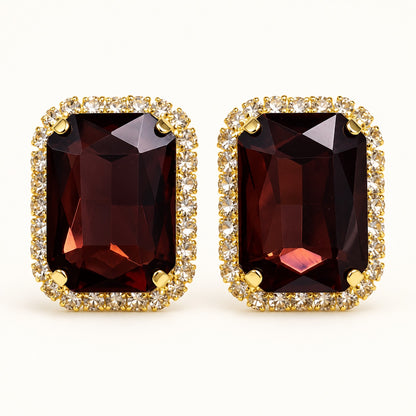 Front view of Regal Wine Halo Studs with deep wine emerald-cut stone and cubic zirconia halo