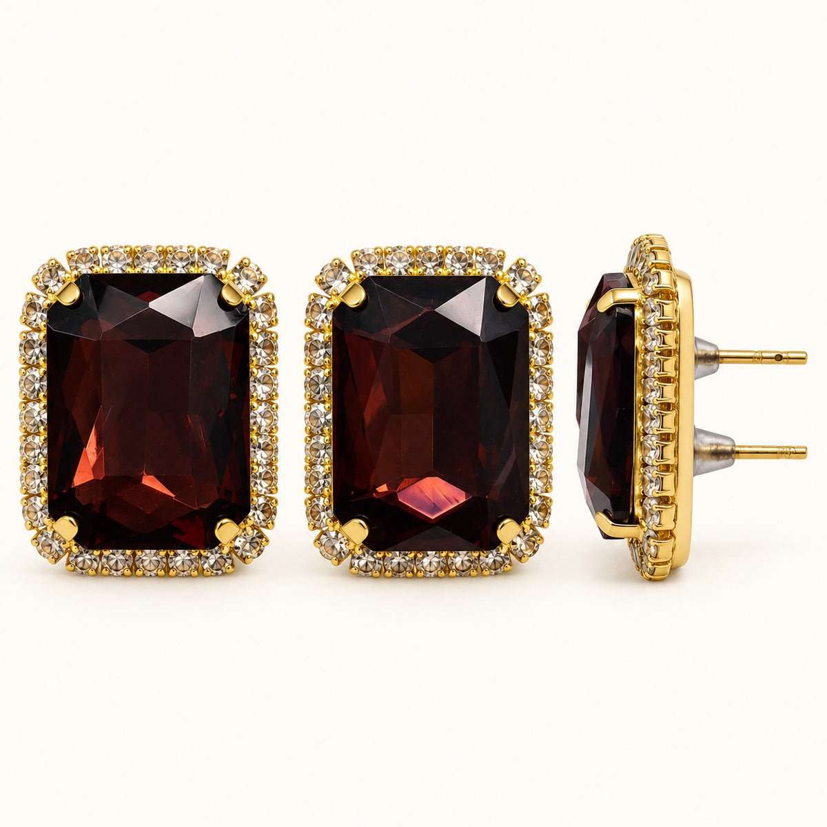 Side view of Regal Wine Halo Studs showing the claw setting and gold-tone posts