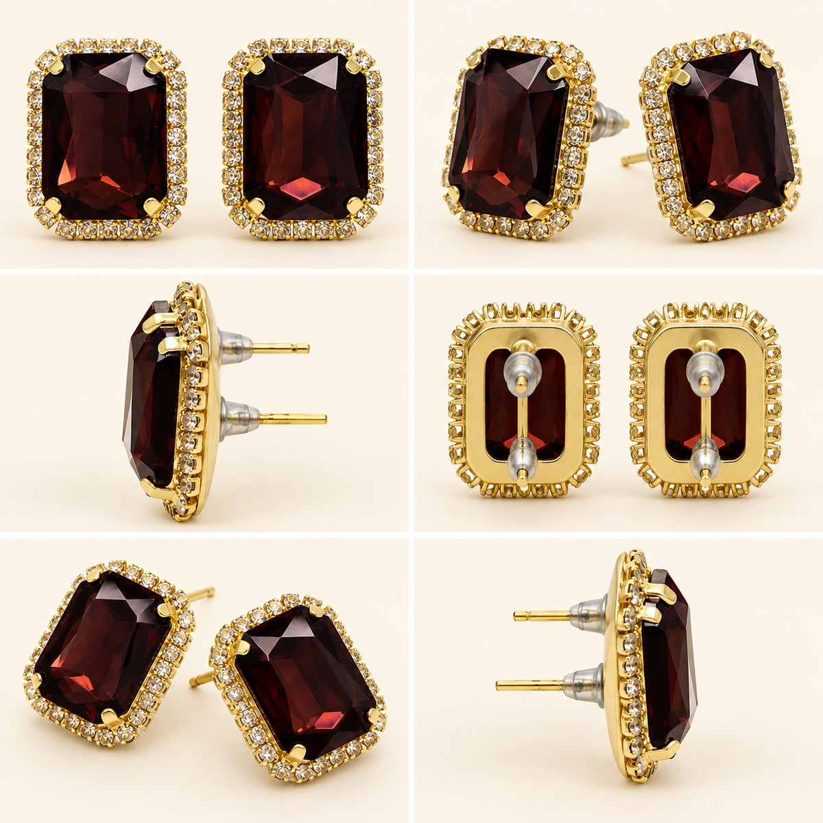 360 degree view of Regal Wine Halo Studs gold-tone earrings