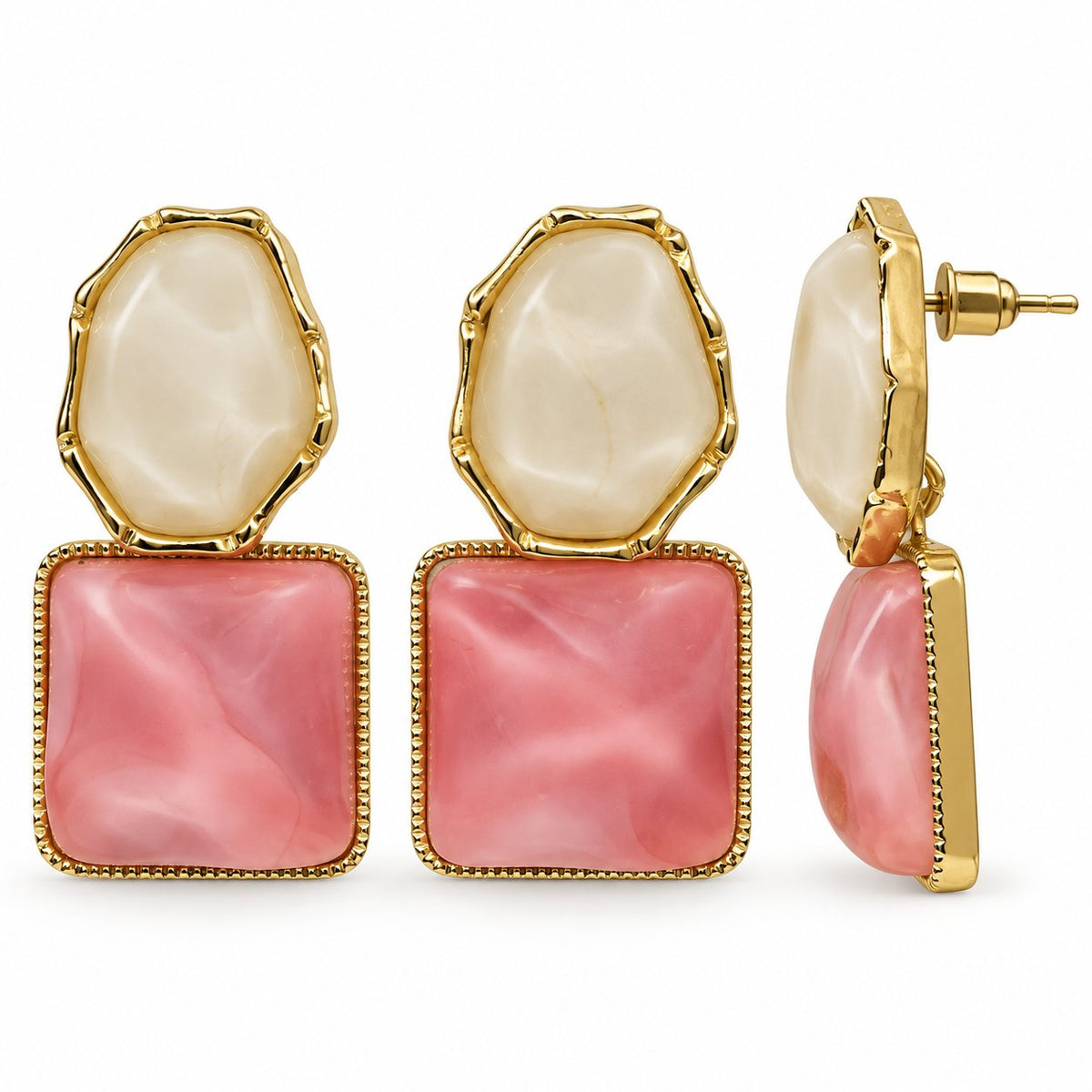 Side view of Rose Marble Square Drops showing the gold-tone bezel and post