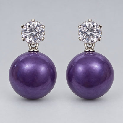 Front view of royal purple orb drop earrings with sparkling round top stones