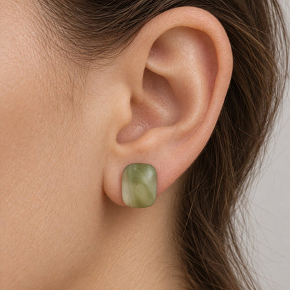 Model wearing Sage Mist Cabochon Studs sage mist stud earrings