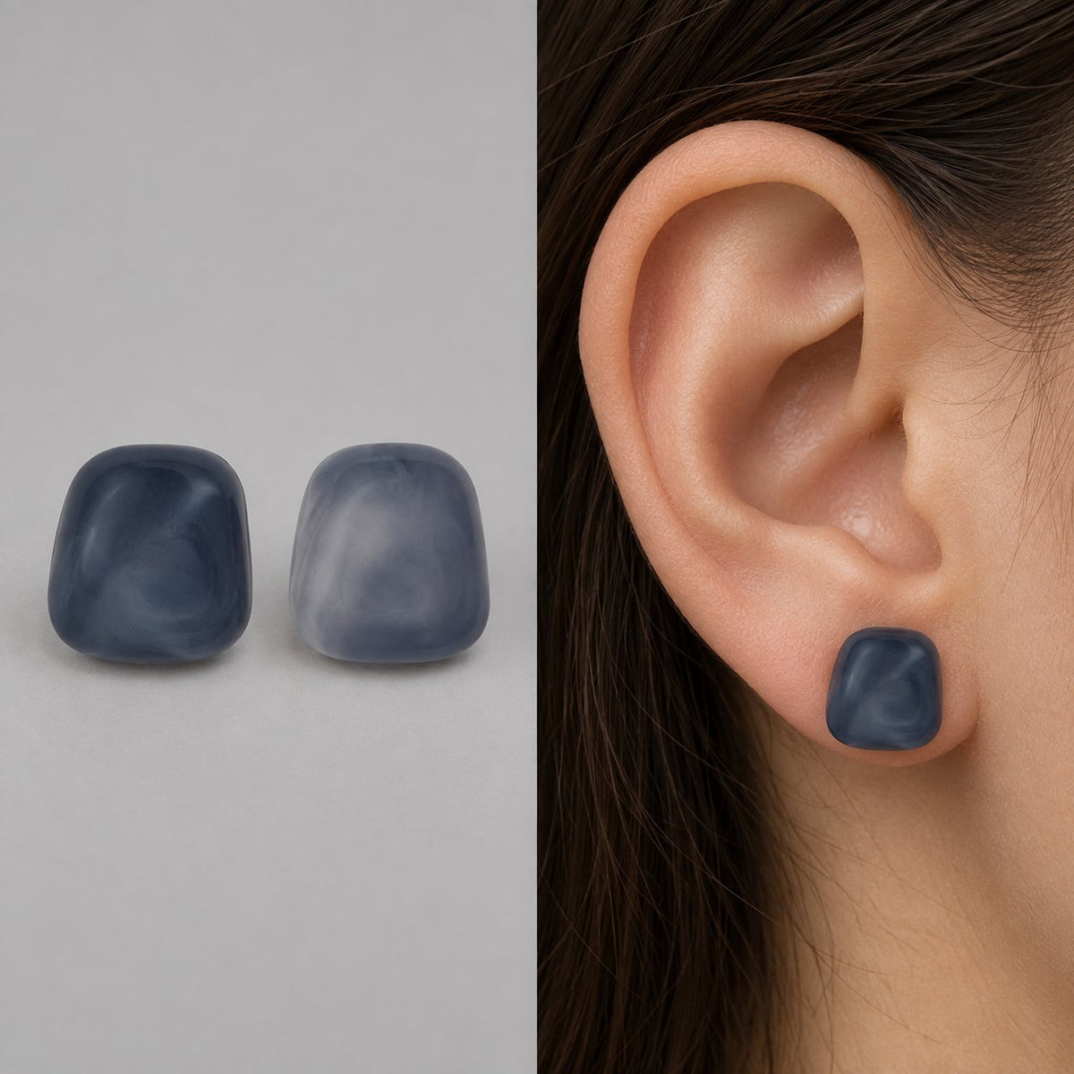 Model wearing Twilight Blue Cabochon Studs twilight blue stud earrings