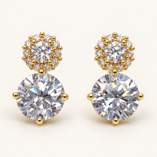 Front view of Twin Solitaire CZ Studs with halo top and round solitaire