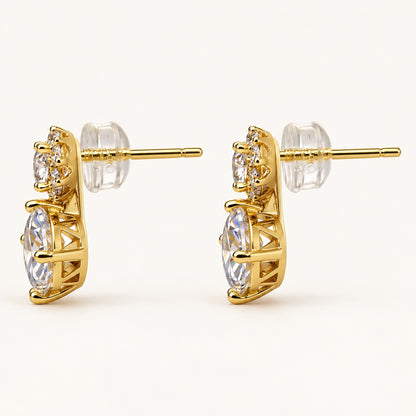 Side view of Twin Solitaire CZ Studs showing the gold-tone post and clear back