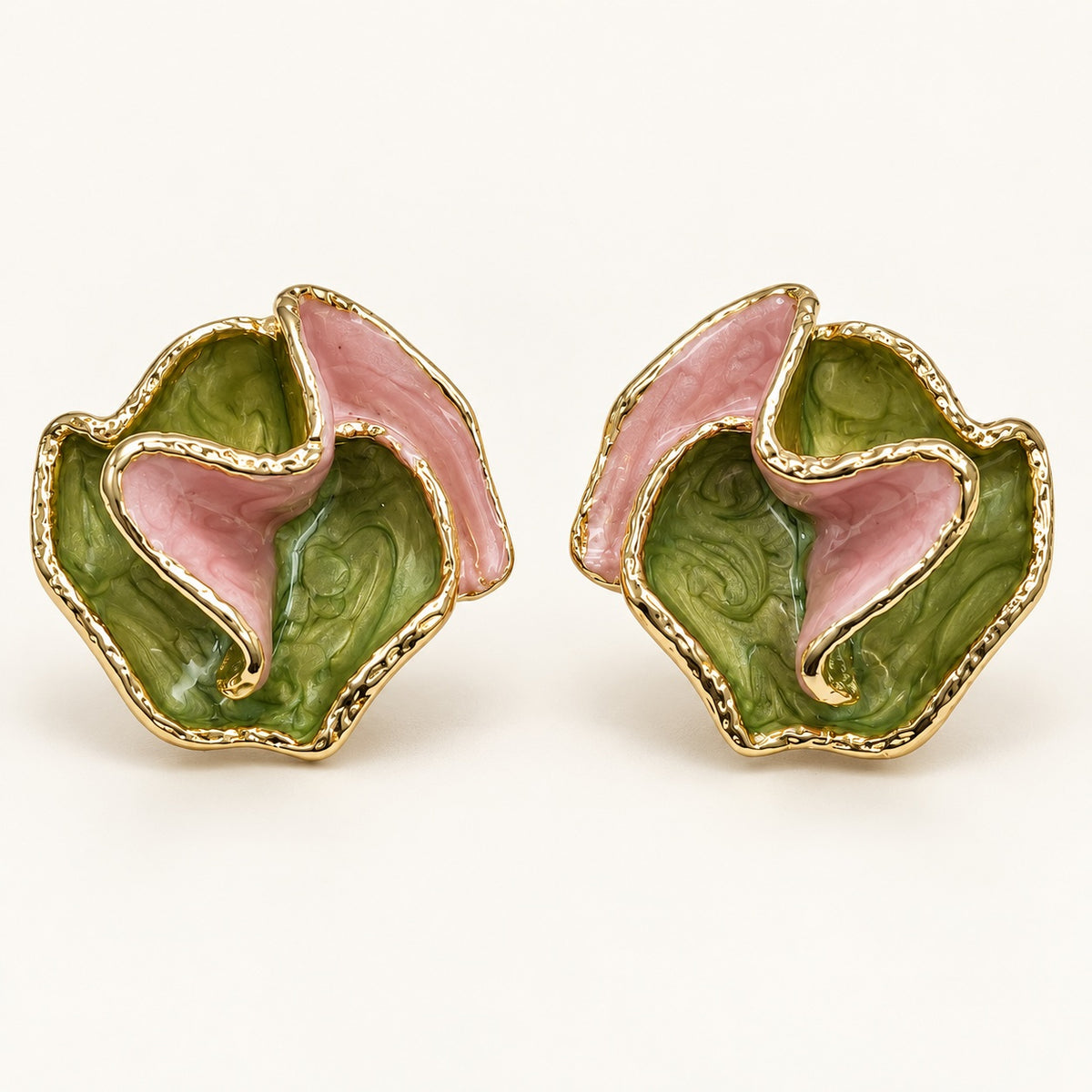 Front view of Verdant Rose Enamel Studs with green and pink enamel petals