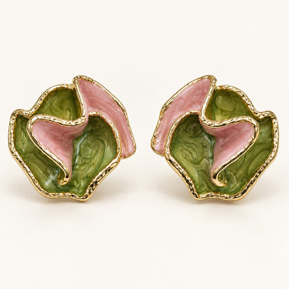 Front view of Verdant Rose Enamel Studs with green and pink enamel petals