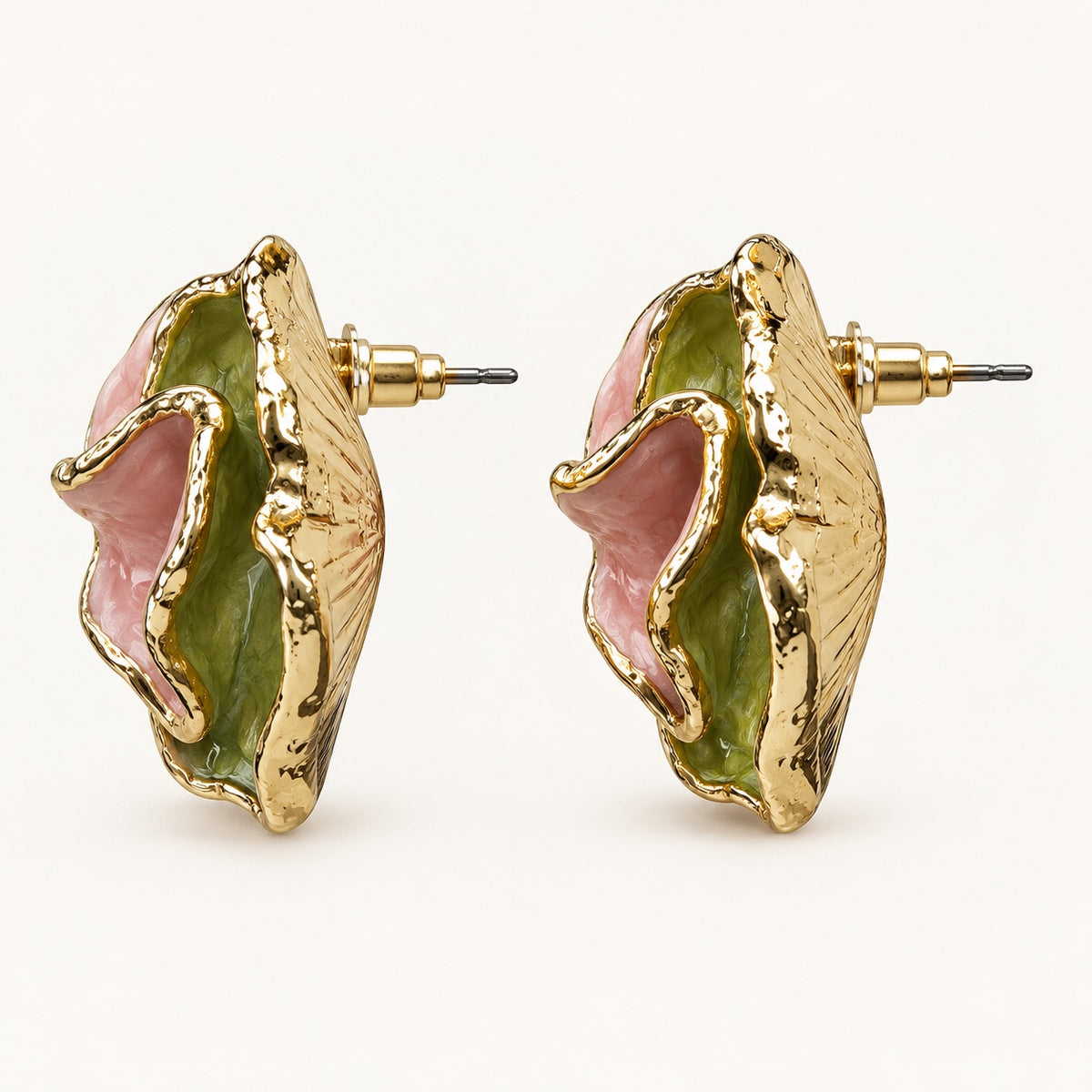 Side view of Verdant Rose Enamel Studs showing the sculpted petals and gold-tone edge