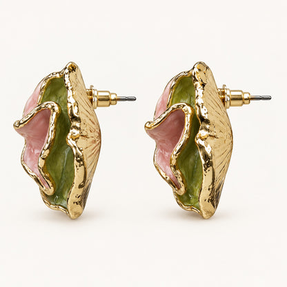 Side view of Verdant Rose Enamel Studs showing the sculpted petals and gold-tone edge
