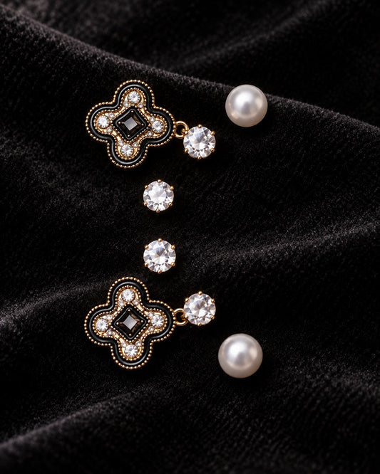 ZILURA Noir Clover Stud Set - gold-tone artificial earrings
