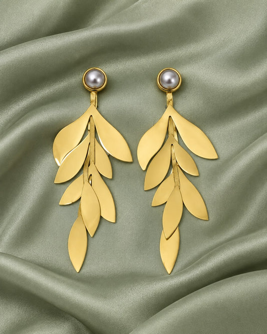 ZILURA Laurel Leaf Grey Pearl Drops - gold-tone artificial earrings